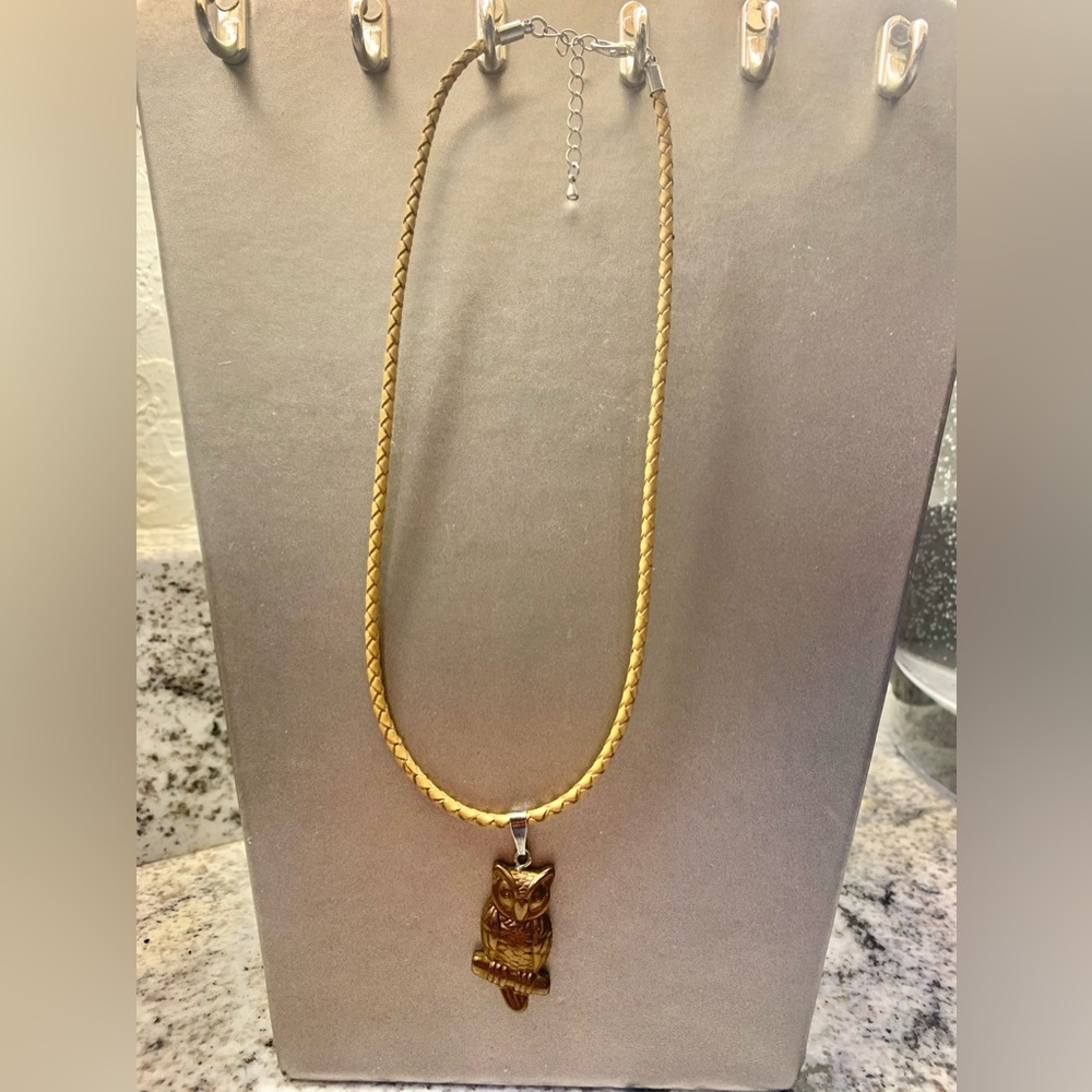 Carved Gold Hematite Owl Pendant Stone w/leather cord (adjustable)
